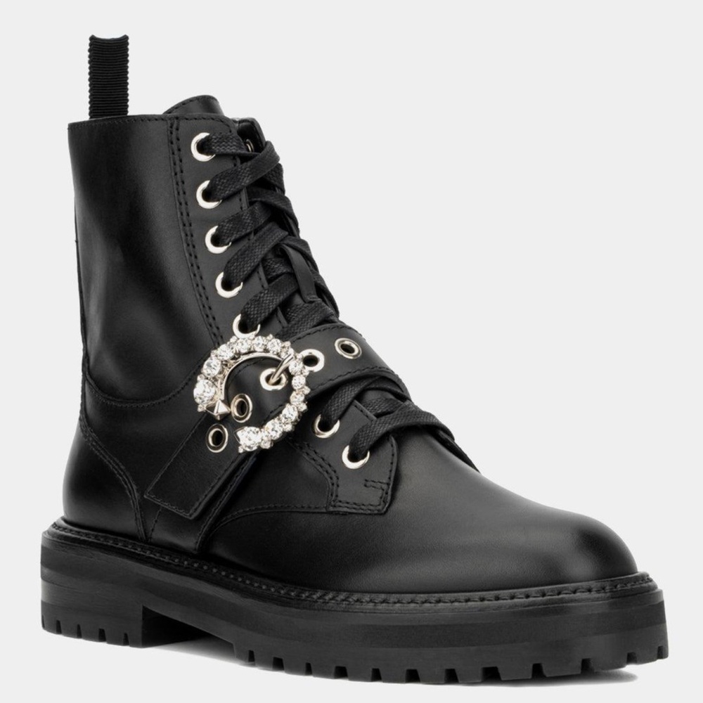 NWOT Jimmy Choo Cora Black Leather Combat Boots with Crystal Buckle